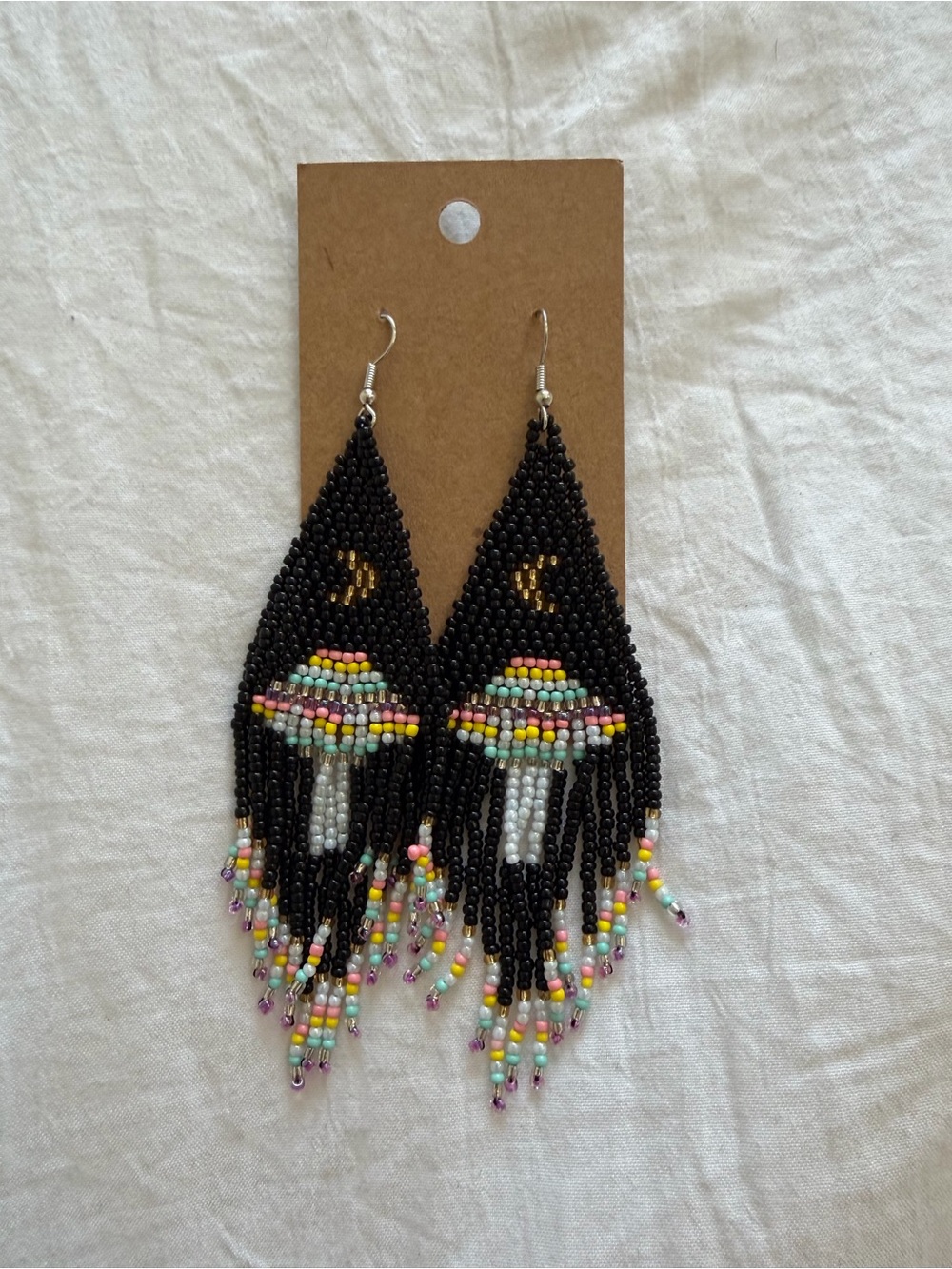 Handmade Black Beaded UFO Fringe Earrings